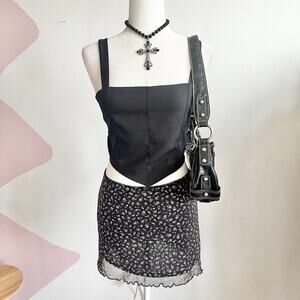 Black Mesh Floral Mini Skirt, Whimsigoth Y2K Grunge Romantic Goth Large